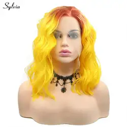 Sylvia натуральных волос Короткие корпусных волна Оранжевый Ombre Яркий желтый Синтетический Синтетические волосы на кружеве парики для Для