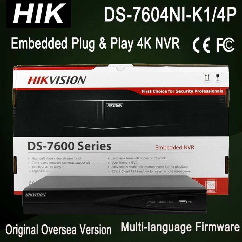 DS-7604NI-K1/4 P Hik 4ch NVR 4K 4POE порт 8MP разрешение Запись CCTV рекордер 1SATA для 1HDD CCTV NVR 3840x2160