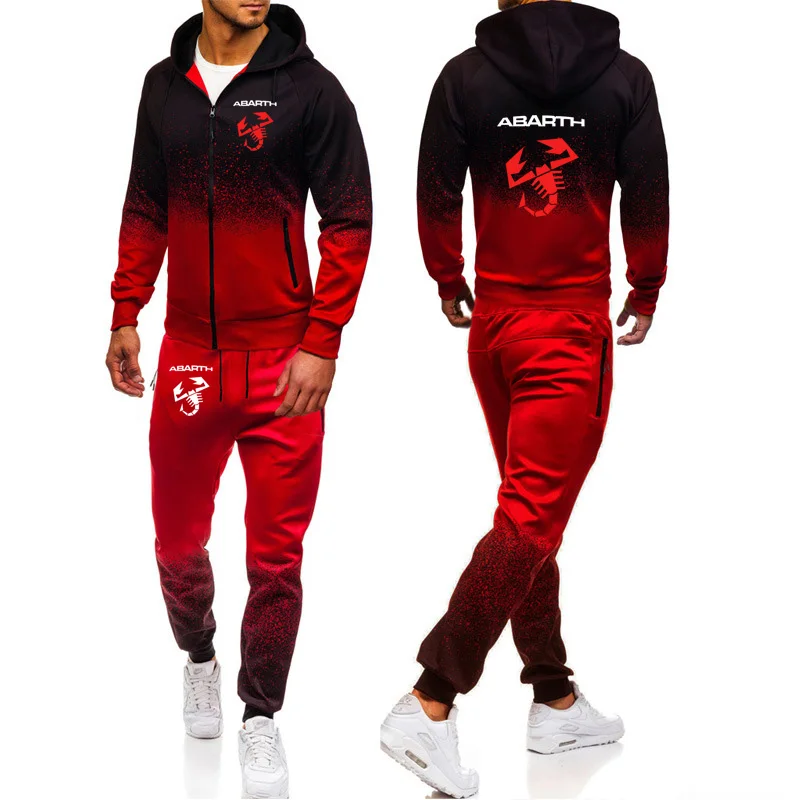 

Hoodies Men Abarth Car Logo Print Casual Harajuku Gradient color Hooded Fleece zipper Jacket Sweatshirt Sweatpants Suit 2pcs