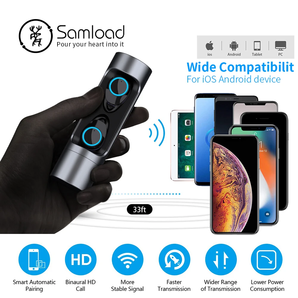 Samload Bluetooth 5,0 Беспроводные наушники с глубоким басом водонепроницаемые наушники с зарядным устройством для Apple iPhone 6 7 8 X sony