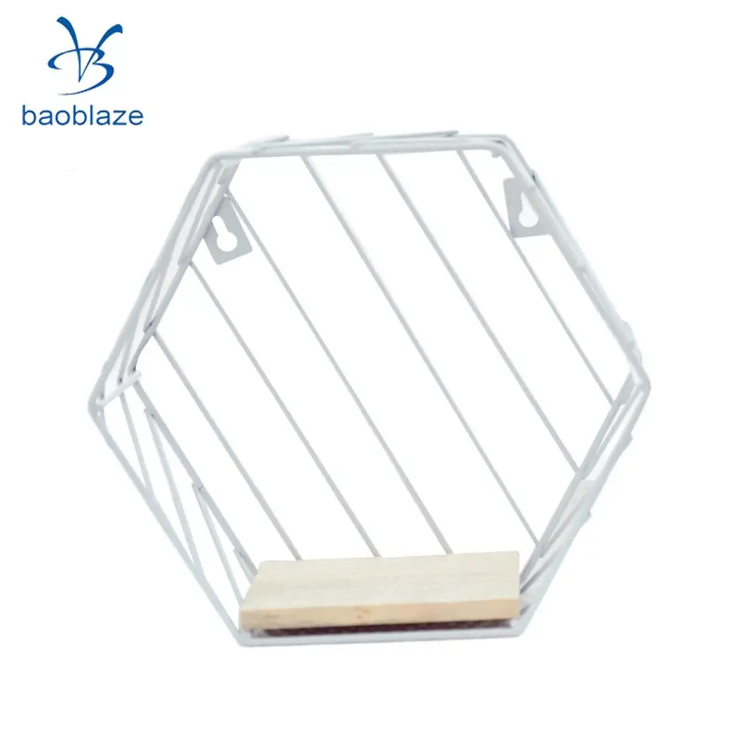 Baoblaze Hexagon Iron Wooden Wall Shelf Shadow Box Display Rack Shelf Storage Unit for Home Bedroom Balcony Passway