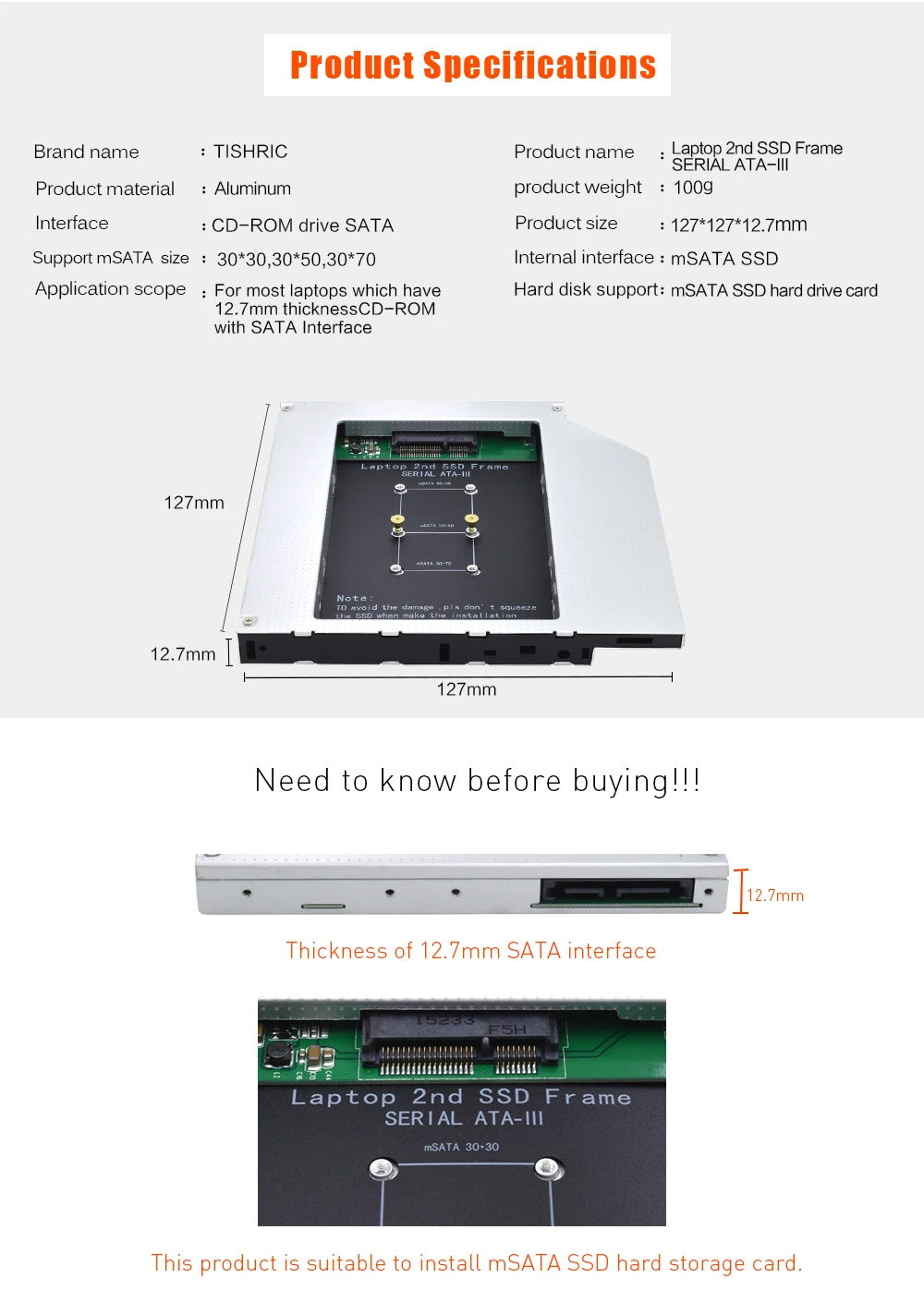 TISHRIC Алюминий 12,7 мм SATA 3 Optibay 2ND HDD Caddy жесткий диск драйвер корпус адаптер DVD HDD Box Дело CD-ROM для Msata