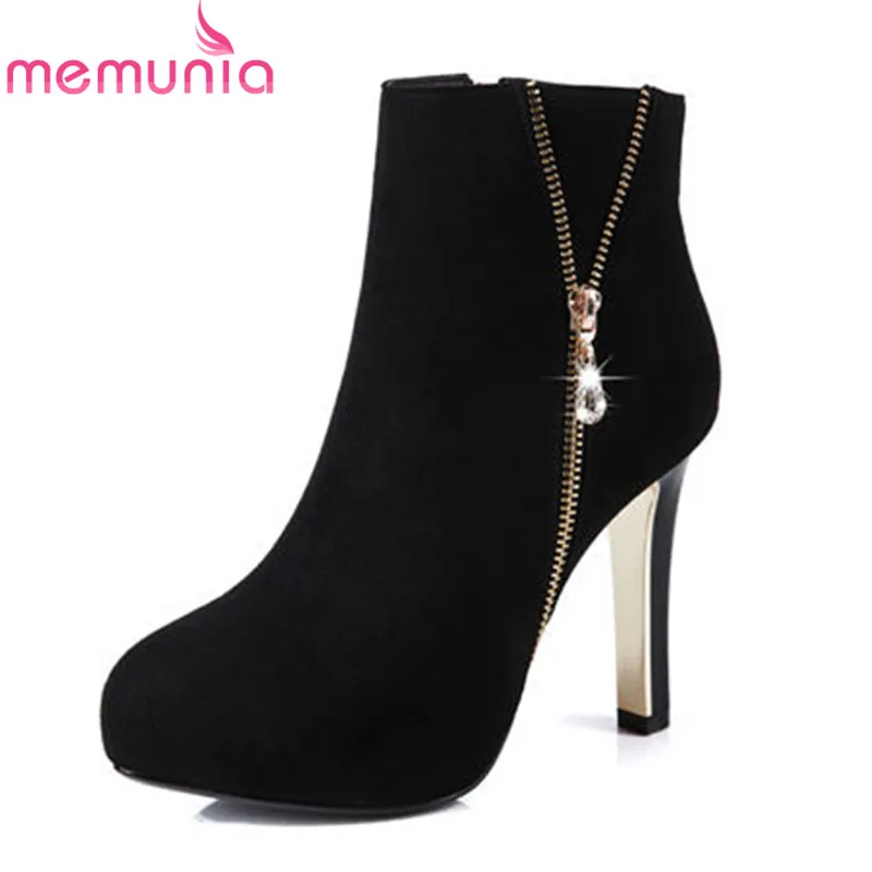 

MEMUNIA 2018 new arrival flock round toe female shoes short plush autumn winter ankle boots platform high heels boots black red