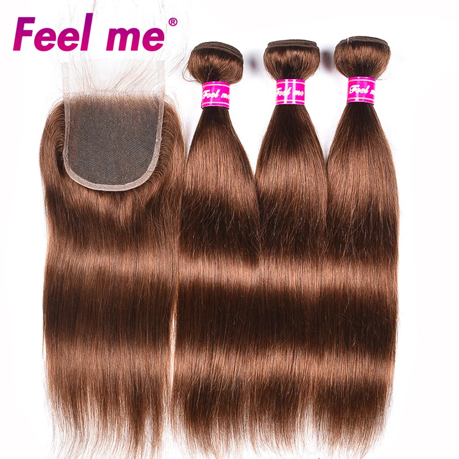 FEEL ME Pre-colored Raw Indian Hair 3 Bundles with Closure #4 Ombre Med Brown Straight Human Weaves | Шиньоны и парики