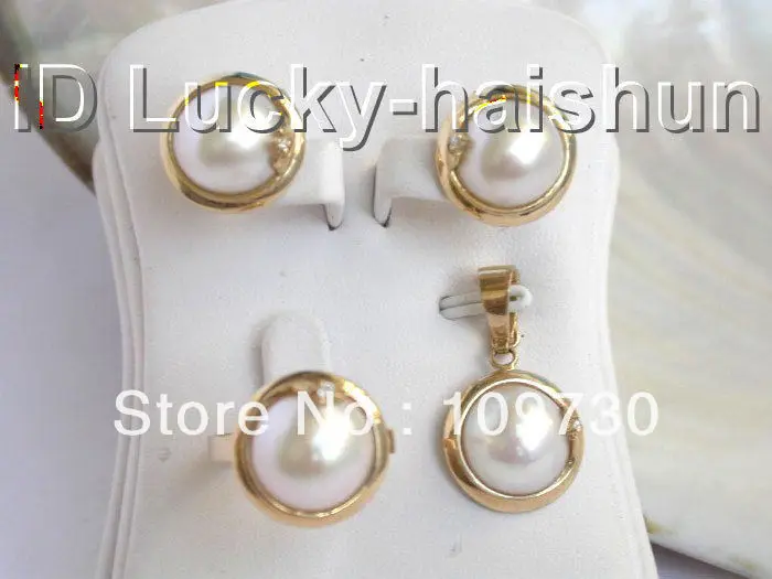 

Jewelry 00128 South Sea white Mabe Pearls necklace pendant earring ring set 14KT gold (A0513)