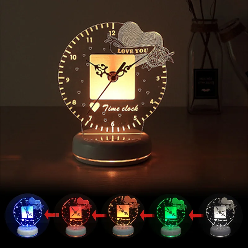 

Acrylic 3D Led Charging Colorful Heart Night Light USB Power Touch Switch Time Clock Lights Table Lamp Bedroom Gifts for Girls