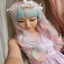 Long Wavy Ombre Pink and Blue 68cm 27 inch Synthetic Cosplay Hair Wigs Perucas Heat Resistant Halloween Party Wig for Lady Girl