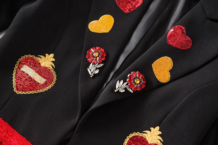 Повседневные блейзеры черного цвета для женщин Весна Подиум Мода бисер сердце с блестками цветы Высокое качество короткие красные куртки с кисточками