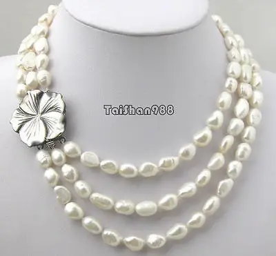 

Hot sale Free Shipping>>>>>3 Rows Genuine White Pearl 18KWGP Shell Flower Clasp Necklace