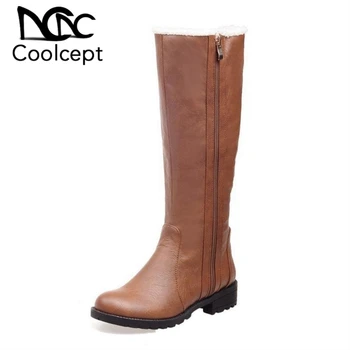 

Coolcept Women Knee High Snow Boots Warm Fur Round Toe Shoes Women Zipper Flats Snow Boots Motorcycle Punk Shoes Size 34-39