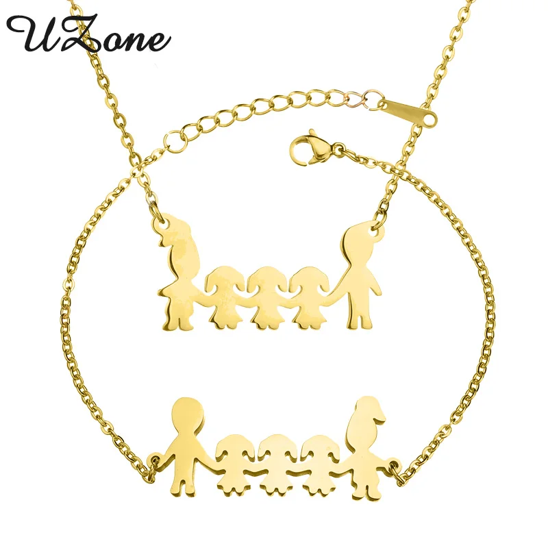 

UZone 3 Daughter Hand In Hand Charm Necklace Bracelets Set Mom Dad Girls Family Jewelry Set For Mother Father Gift