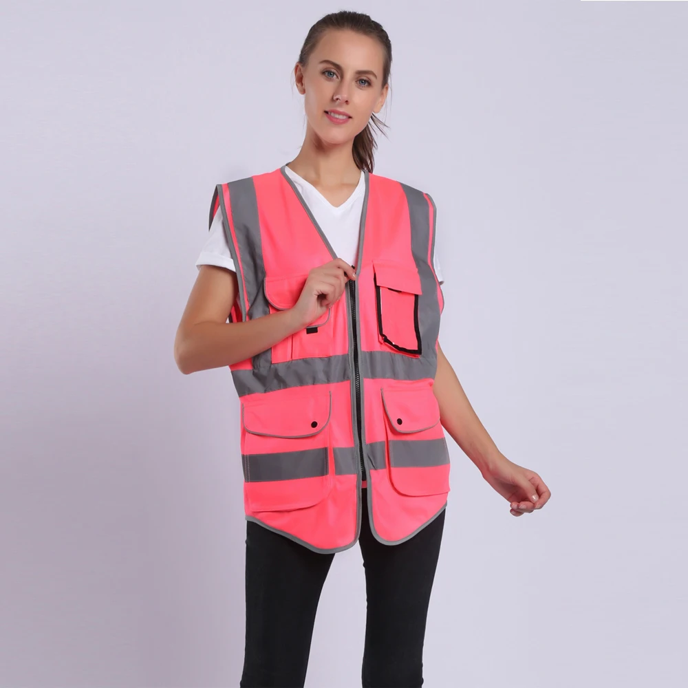 Pink Safety Vest Women High Visibility Work Clothes Uniforms With Pockets reflective vest safety vest high visibility vest