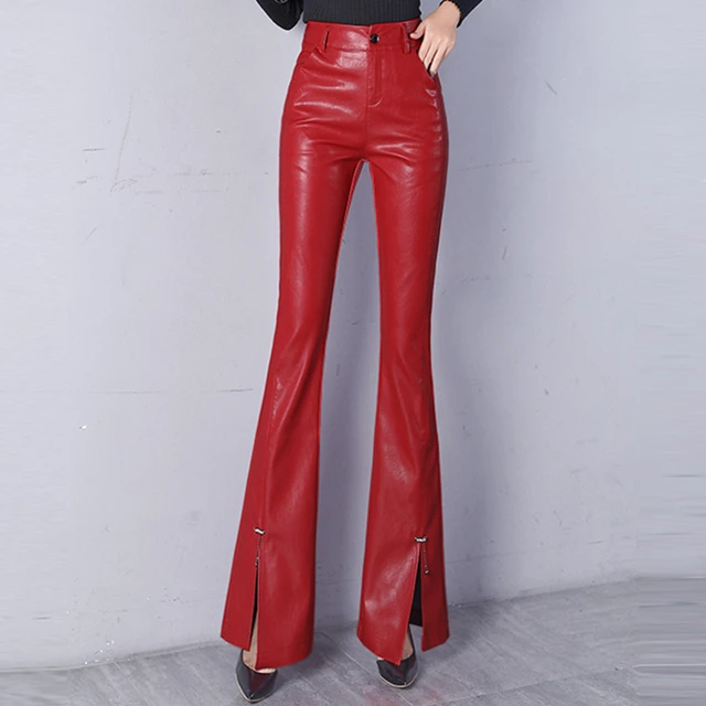 Spring Fall Fashion Office Ladies Womens Red High Waisted Pu Leather Flare  Pants , Winter Xxl Elegant Placket Trousers For Woman - Pants & Capris -  AliExpress