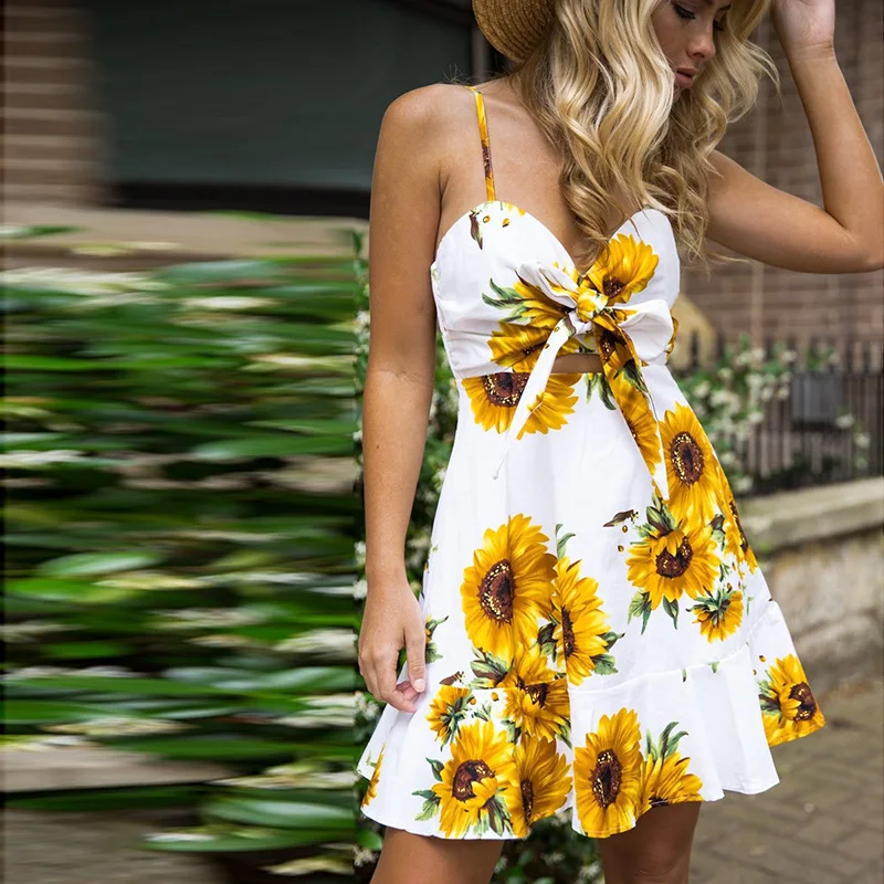 

Young Strapless Bow Tie Sexy Summer Women Dress 2019 Fashion Sunflower Print Strap Dress Backless Elegant Mini Beach Dresses
