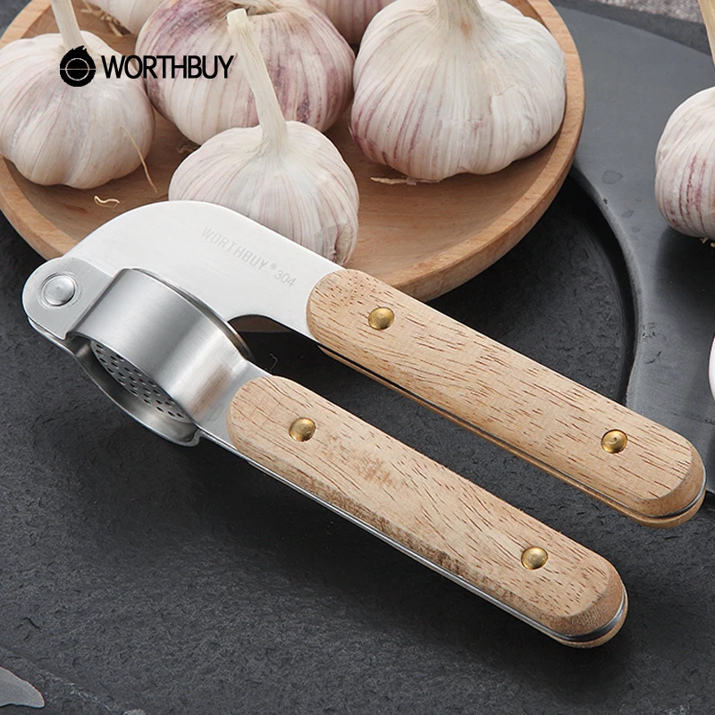 WORTHBUY 304 Stainless Steel Garlic Press With Wooden Handle Garlic