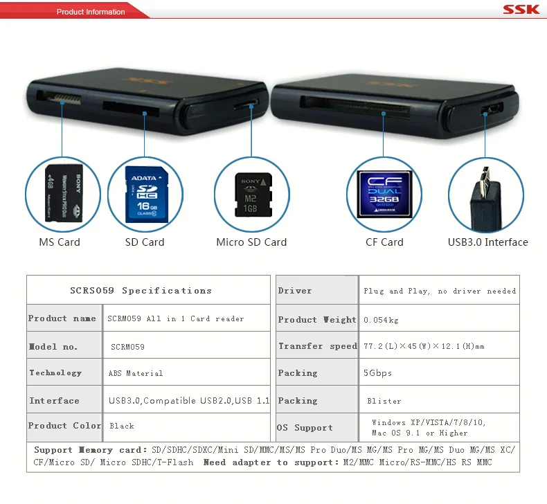 SSK SCRM059 все в 1 USB3.0 кардридер супер скорость SD/SM/Micro SD/CF 5 Гбит/с мульти умная память для компьютера USB кардридер