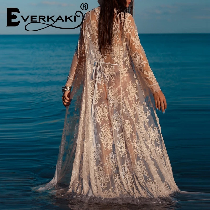 

Everkaki 2019 Women Lace Embroidery Kimono Summer Crochet See through Beach Caidigan Swimsuit Cover Up Beach Dress Autumn New