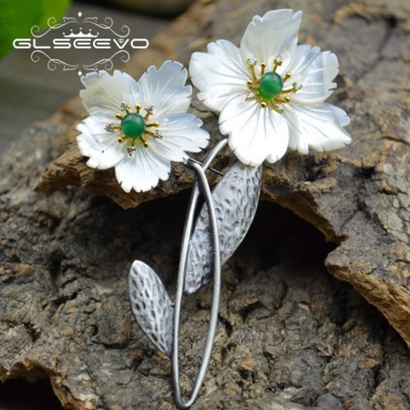 

GLSEEVO Natural Mother Of Pearl Flower Green Chalcedony Brooches For Women Party Accessories Dual Use Luxury Fine Jewelry GO0278