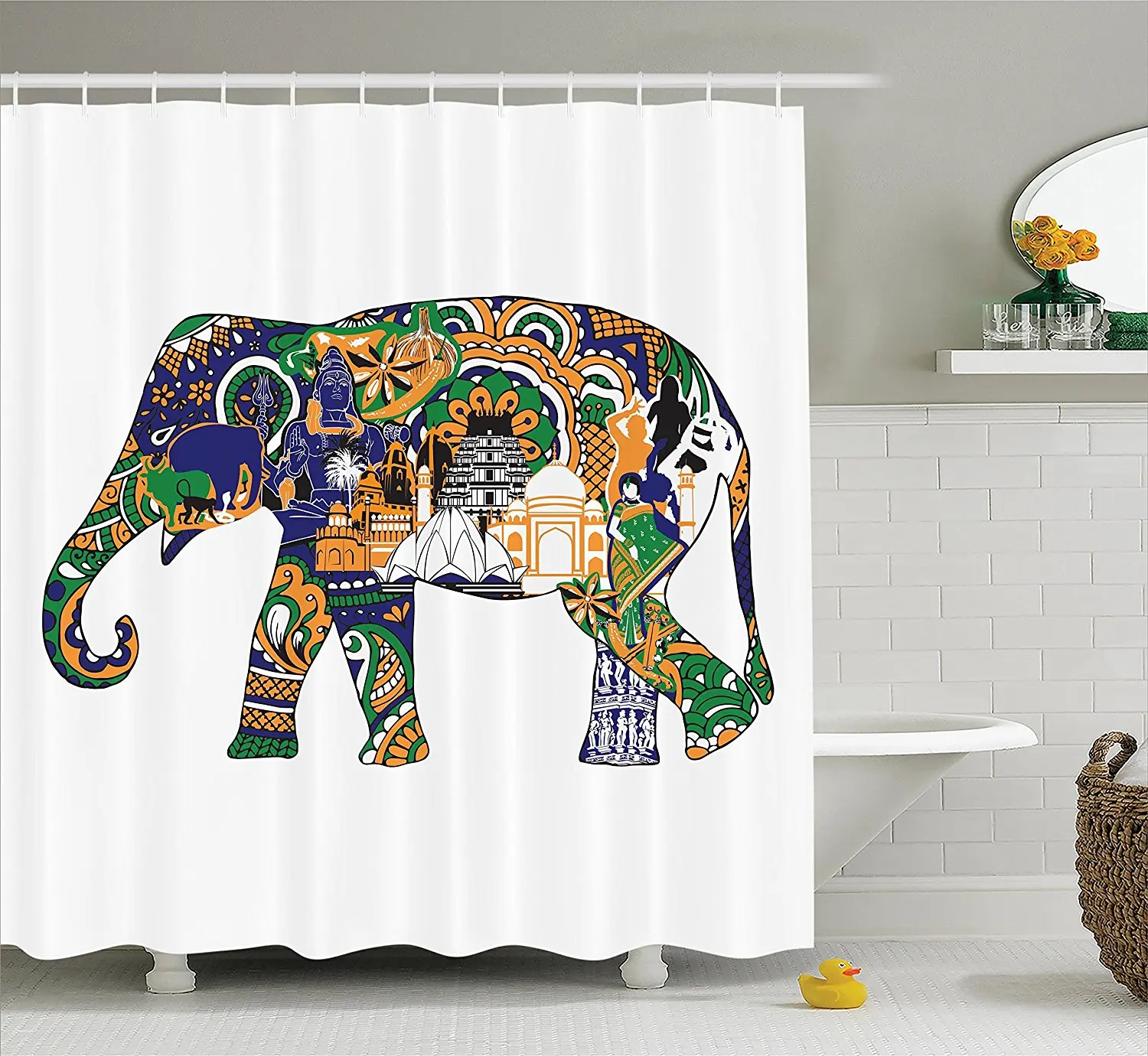 ElephantShowerCurtainElephantwithAsianSymbolsLandmarks