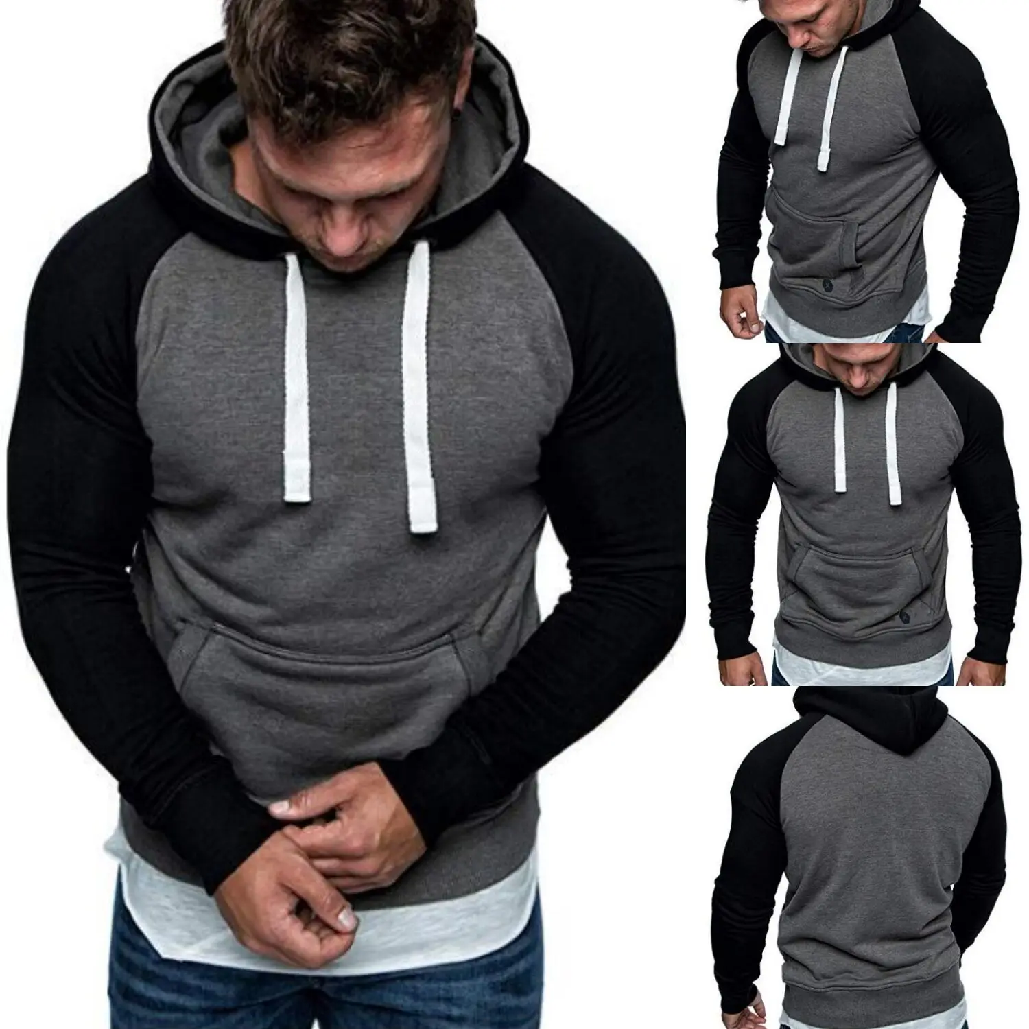 

2018 new fashion casual men's color matching hooded thong head coat hooded shirt men's quality loose hooded clothes