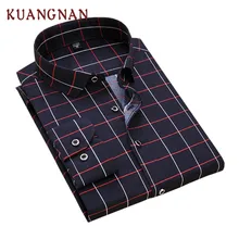 KUANGNAN клетчатые мужские рубашки с длинным рукавом, Повседневная приталенная уличная Мужская рубашка, мужская клетчатая рубашка с длинным рукавом, Мужская одежда, новинка