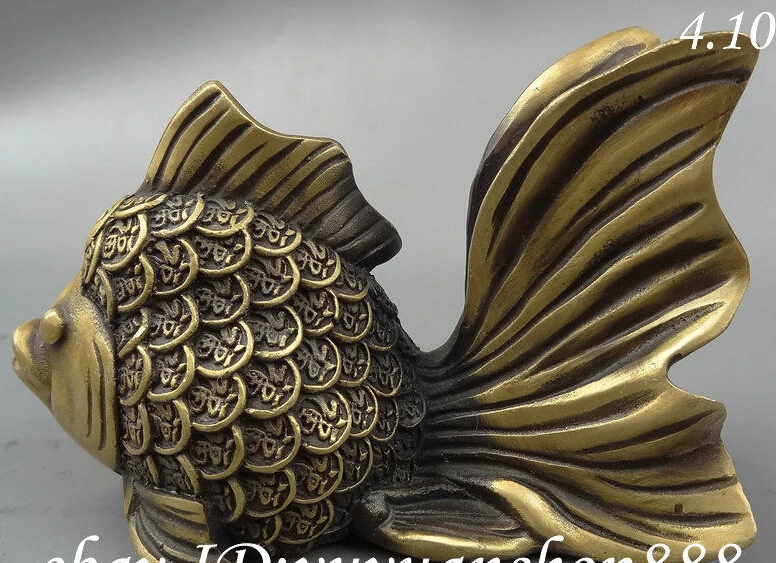 

$GANG $ 15CM Folk Chinese Bronze Wealth Big Eyes Coin 100 Fu Fish Goldfish Statue Set