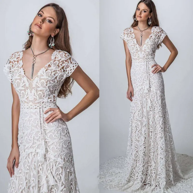 Vestido De Noiva винтажное свадебное платье в стиле бохо кружевное с коротким рукавом, с вырезом на спине v-образный вырез богемное свадебное платье с юбкой-годе