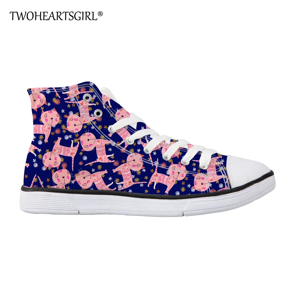

Twoheartsgirl 3D Printing Pink Cats Women Vulcanized Shoes High Top Casual Female Breathable Walking Canvas Shoes Flat Shoes