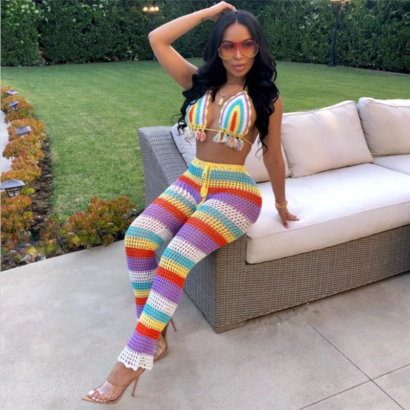 

Fishnet Knit Two Piece Set Women Sexy See Through Bra Top and Pant 2 Piece Matching Sets Summer Festival Beach Strips Outfits