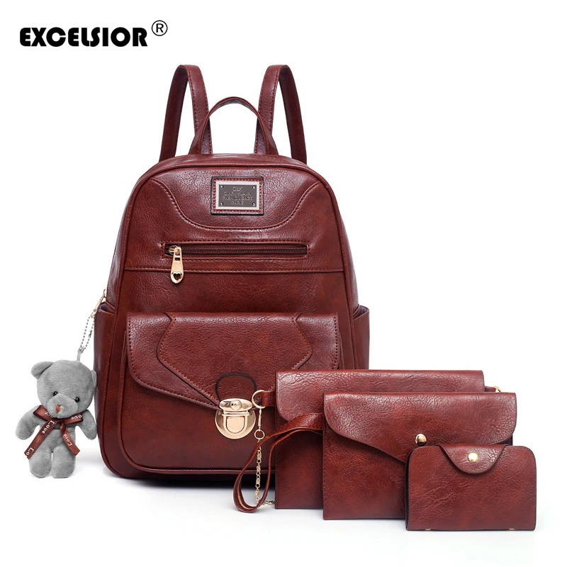 

EXCELSIOR Vintage School Backpacks Set For Teenage Girls Bags Quality Leather Rucksack Solid School Bags Fashionable Bags