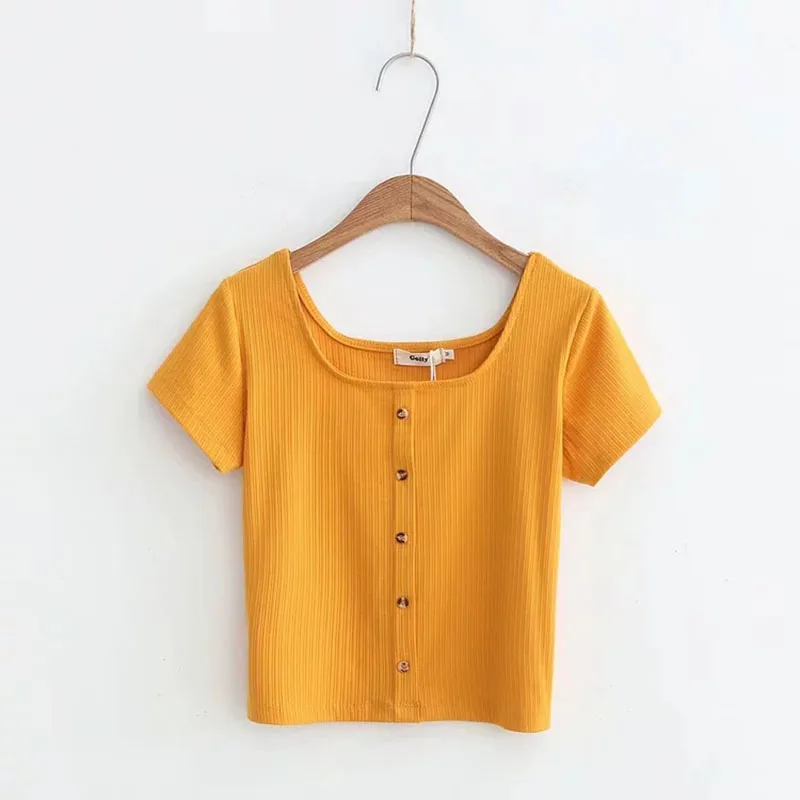

Korean version of the summer new 2019 fashion casual style square collar button Slim stretch bottom short sleeve female