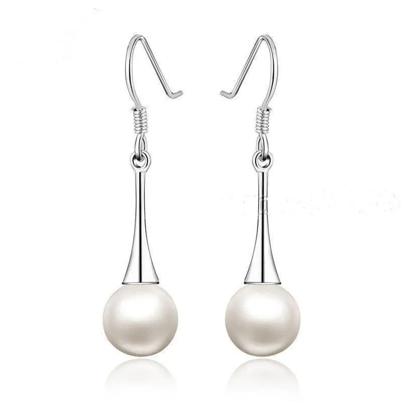 

Free shipping hot sale Women Bridal Wedding Jewelry >>>10mm Genuine White South Sea Shell Pearl 925 Silver Dangle Earrings