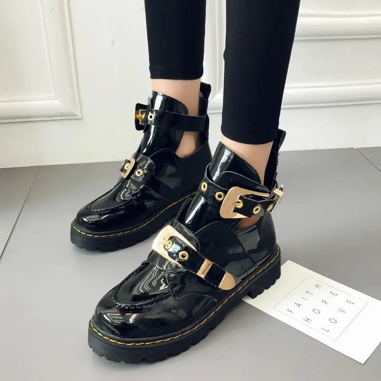 

New patent leather metal buckle Martin boots side air breathable women's single boots belt buckle street shoes