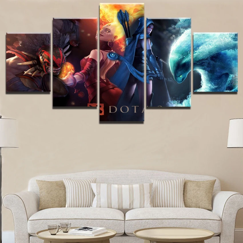 5 Pieces DotA 2 Fire And Water Warrior Wall Art Game Modular Picture Home Decoration Living Room On