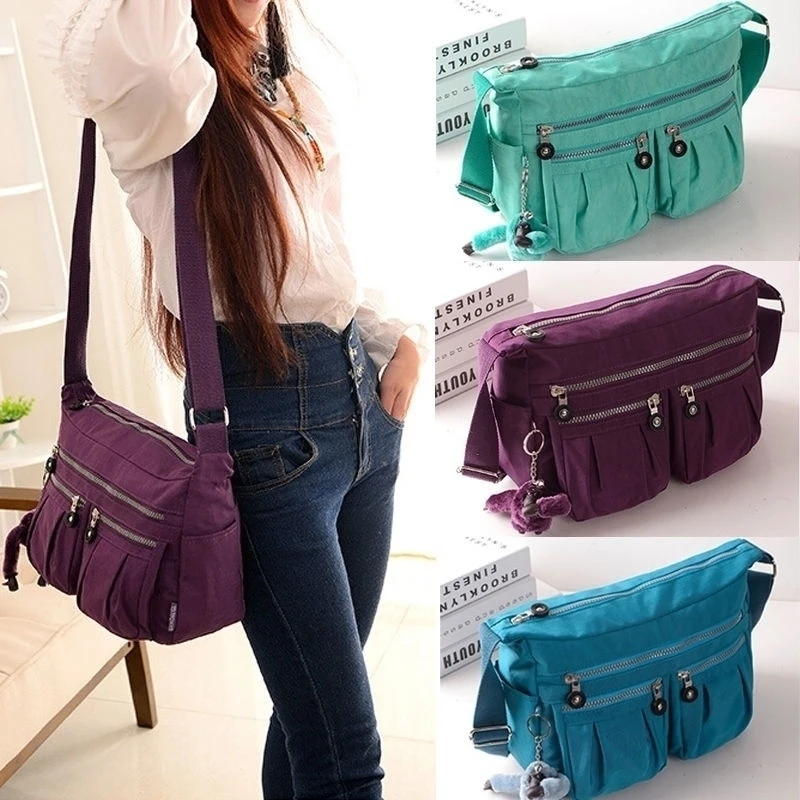 Womens Multi Zip Pockets Nylon Lightweight Cross Body Bag Messenger Shoulder Bag