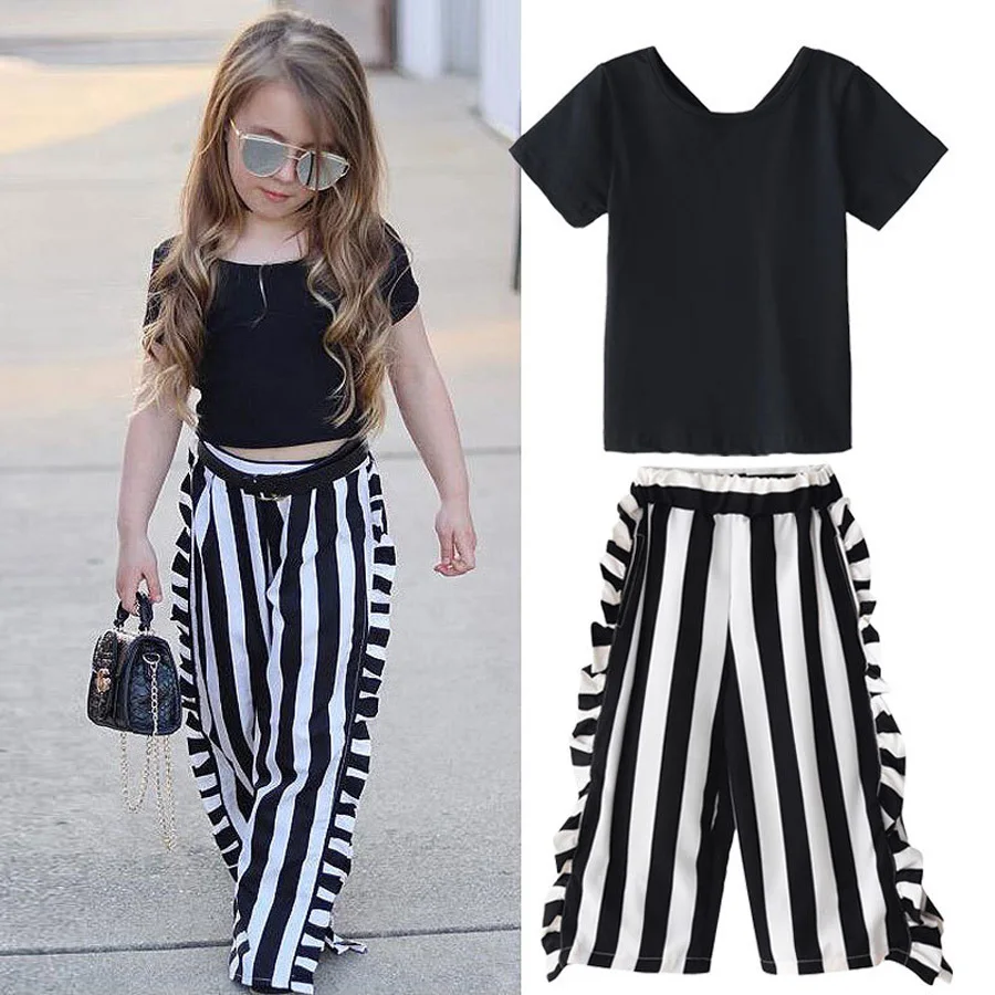 

2 3 4 5 6 Years Girls Set 2019 Summer Baby Set Children girls Clothes Short sleeve Top tshirt + Striped Pants Children's Sets