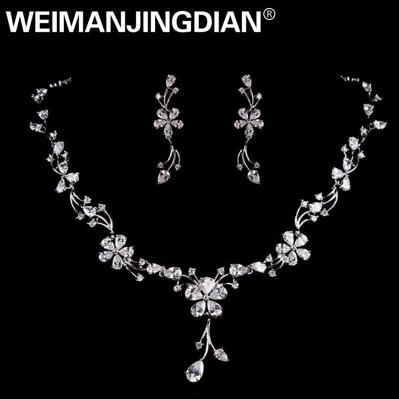 

WEIMANJINGDIAN Brand High Quality Cubic Zirconia Crystal Floral Design Necklace and Earring Jewelry Set for Bride or Bridesmaid