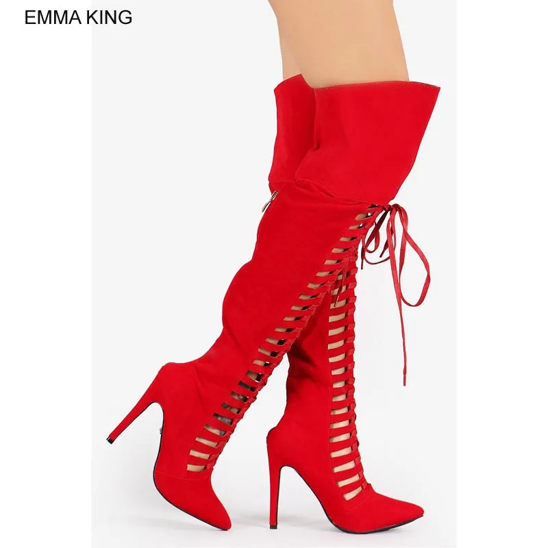 

EMMA KING Thin High Heels Women Over The Knee Summer Boots Cross Tied Back Zipper Hollow Out Sexy Ladies Shoes Pointed Toe