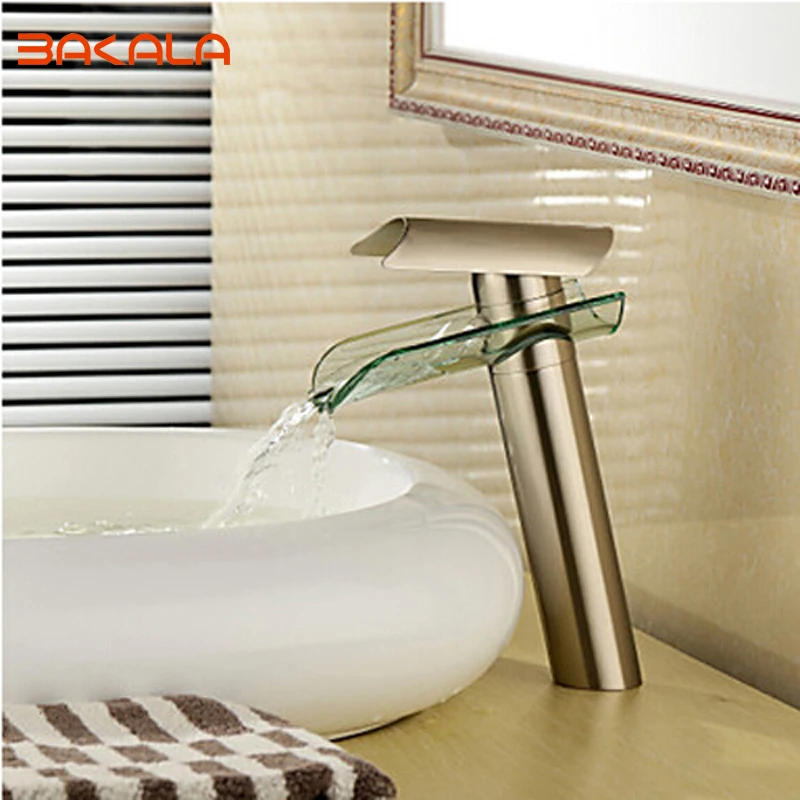 

BAKALA Bathroom Waterfall Brushed Nickel Faucet.Brass Made Single Handle Deck Mounted Basin Sink Mixer Brushed Tap LH-8022L