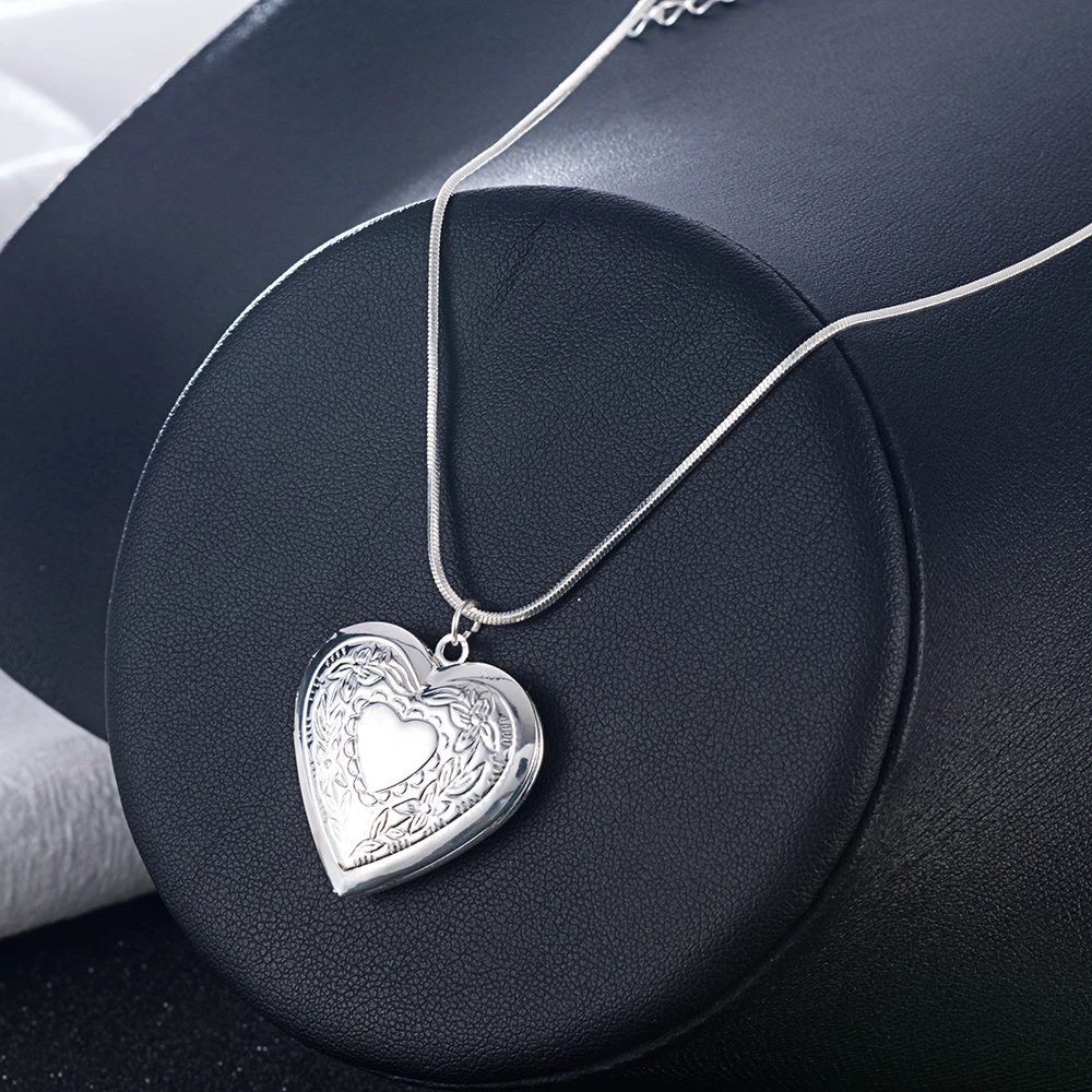 

1Pc Valentine Lover Gift Silver Heart Necklace Locket Photo Pendant Wedding Jewelry Gifts Necklace Jewelry For Women Girlfriends