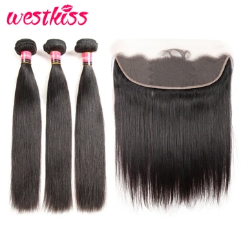 

West Kiss Brazilian Hair Weave Bundles With Lace Frontal 13x4 Natural Color Straight Hair Bundles Free Shipping Remy Hair Weft