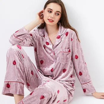 

womens Flannel pajamas couple set sleepwear 2019 Autumn Winter plus size nightwear pants 2 piece sexy Home suit pink strawberry