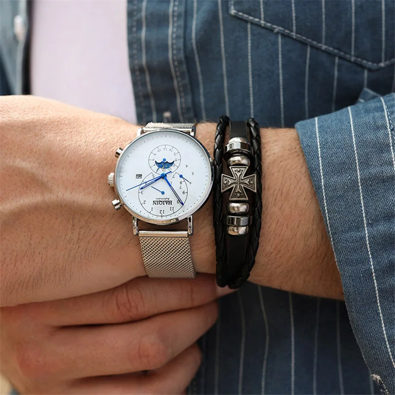 Водонепроницаемые механические мужские часы HAIQIN - Цвет: All-silver