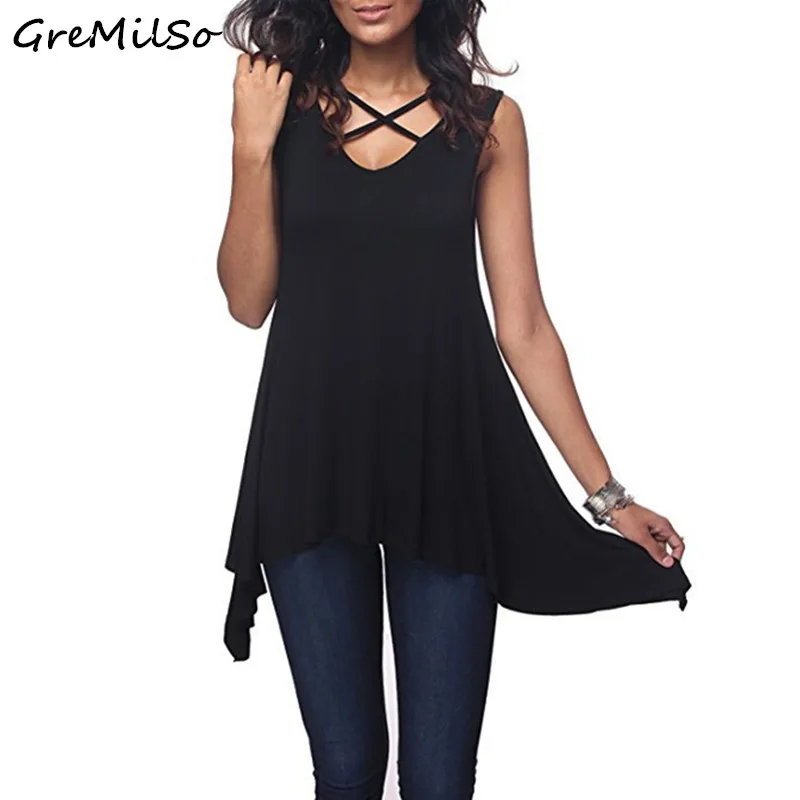 

GreMilSo 2018 Summer Solid Tanks Women Vest Asymmetrical Sexy Criss Cross Tank Loose Long Basic Tees Shirt Tops Modal Tank Tops