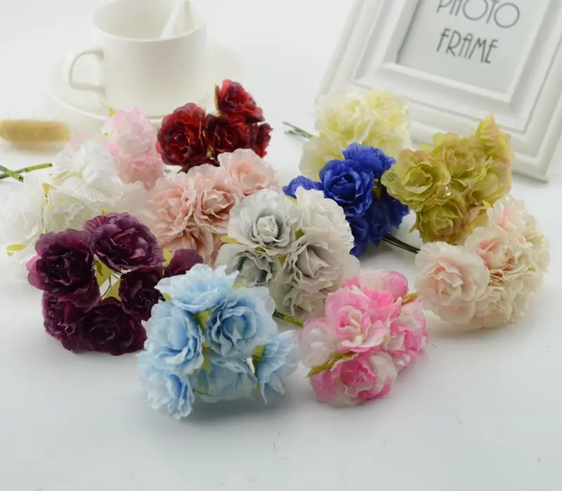 

6pcs silk Fake flower Roses cheap Artificial Flowers scrapbooking For Home wedding car decoration handicraft DIY Box head wreath