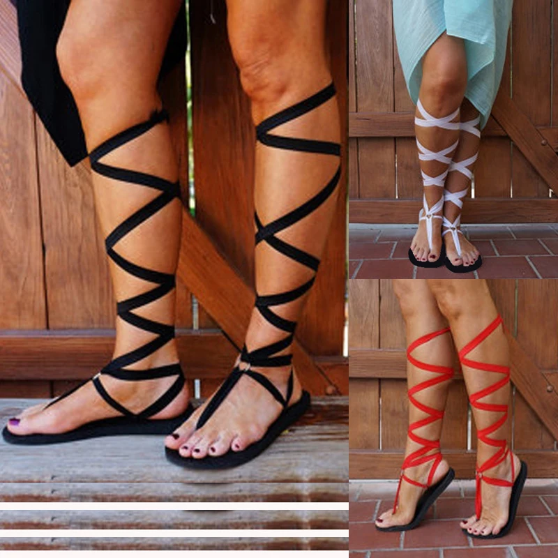 Women's Summer Sandals Thong Bandage Bohemian Beach Shoes Knee High Flat Shoes