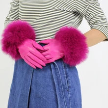 Женские перчатки из натуральной кожи, зимние теплые перчатки из натуральной овчины и лисьего меха, модный стиль, натуральный Пушистый Лисий Мех* harppihop