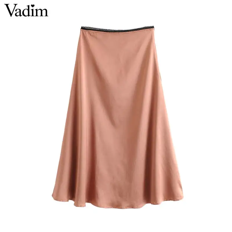 

Vadim women basic solid ankle length skirt side zipper fly A line orange blue casual female chic skirts faldas mujer BA594