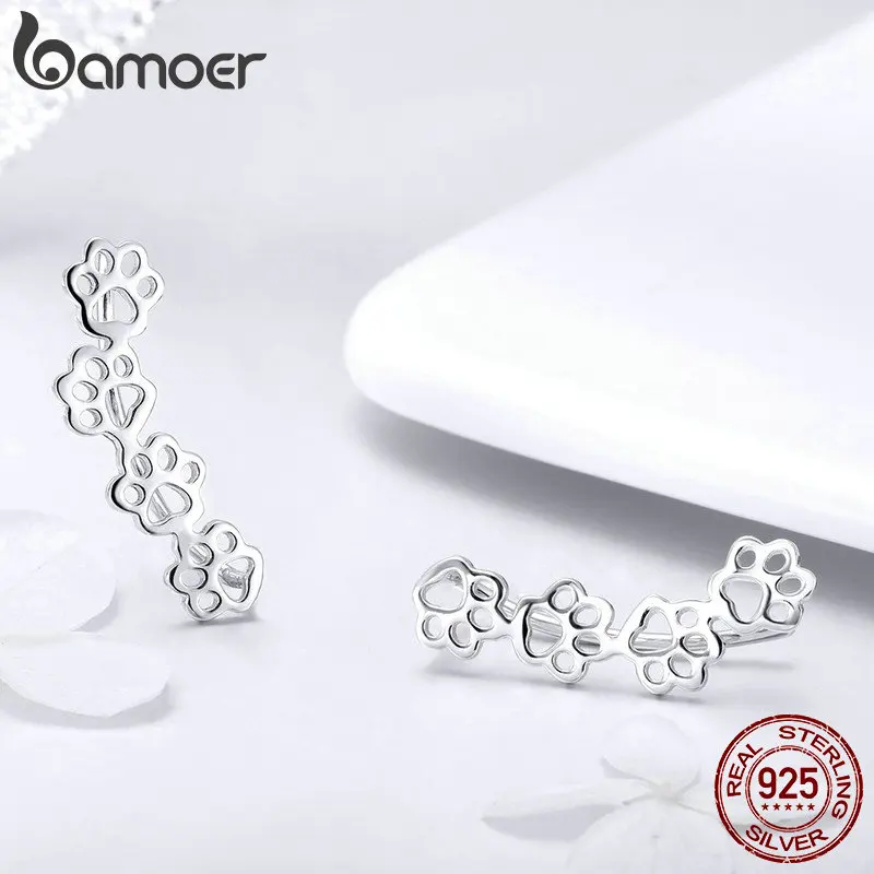 BAMOER Hot Sale 925 Sterling Silver Paw Trail Cat And Dog Footprints Stud Earrings for Women Sterling Silver Jewelry SCE430 - Image 3