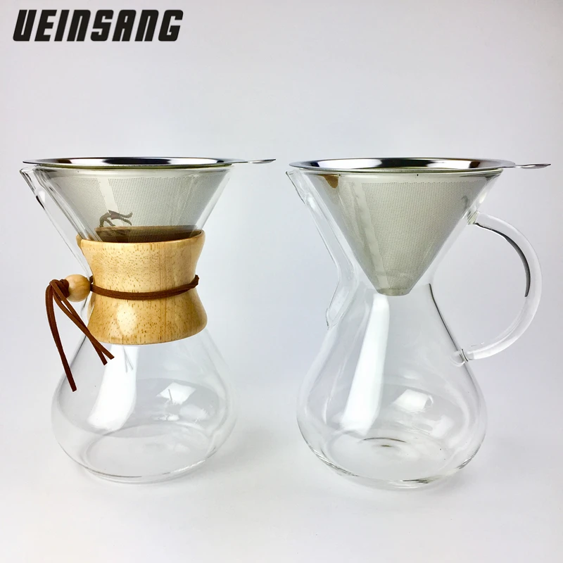 1000ml Drip Coffee Pot Glass Pot Reusable Metal Filter Sets v60 Coffee